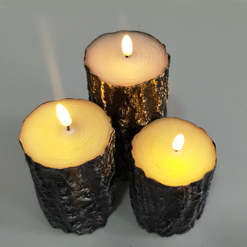 Rustic Pine Bark Led paraffin wax candle Set 3  
