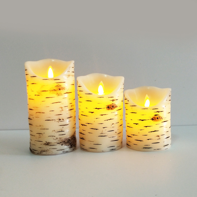 Birch Bark Textured Real Wax Flameless LED Candles with Remote Color:7.5*10 4