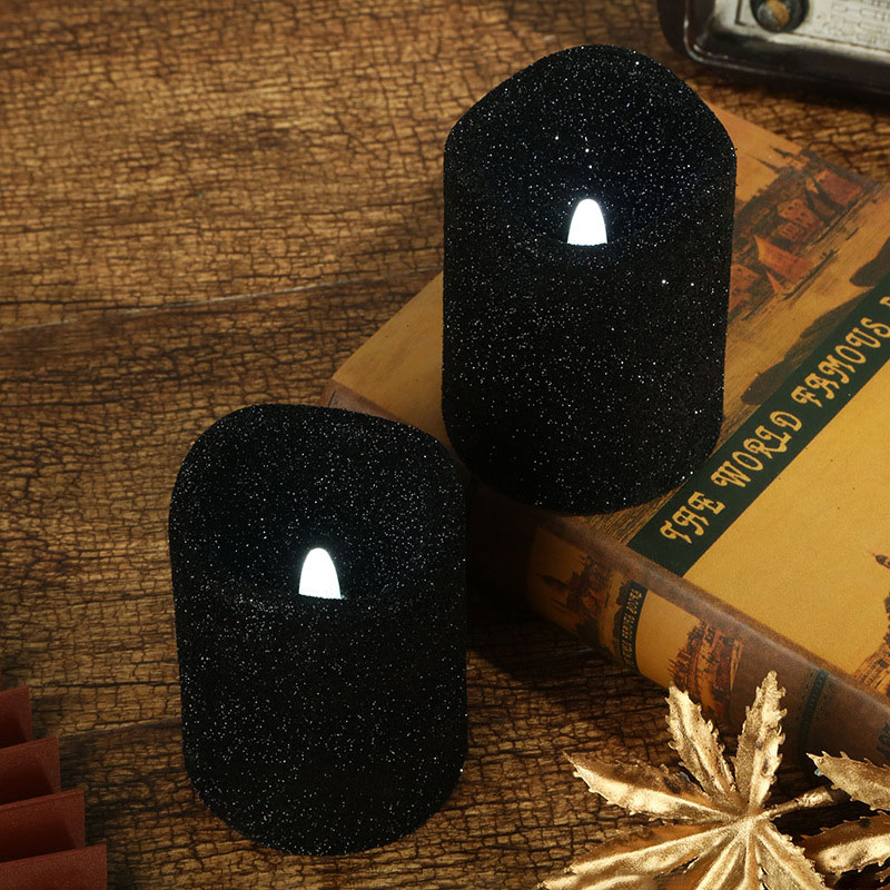 Glitter-coated Flameless LED candle,Embedded-Flame Black  , Recessed-Wick Flameless Candles