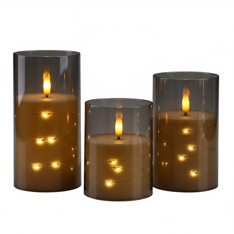 Remote Controlled LED Flameless Candles with Embedded String Lights - Set of 3 Smokeless Glass Pillar Candles Gold