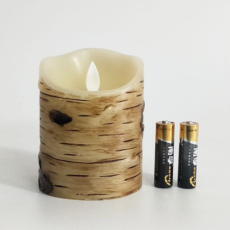 birch bark-textured flameless paraffin wax led candle Scallop Top moving wick 7.5x15cm