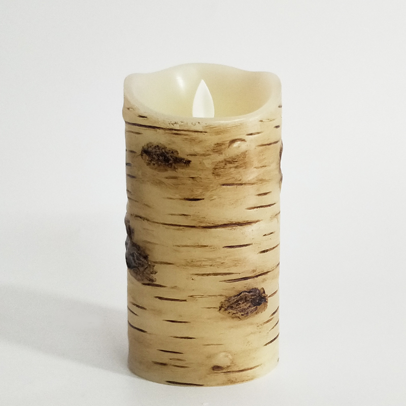 birch bark-textured flameless paraffin wax led candle Scallop Top moving wick 7.5x10cm