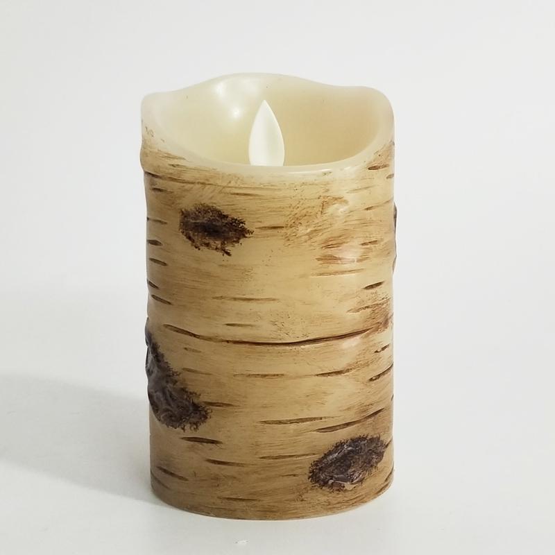 birch bark-textured flameless paraffin wax led candle Scallop Top moving wick 7.5x12.5cm