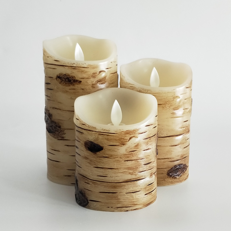 birch bark-textured flameless paraffin wax led candle Scallop Top moving wick
