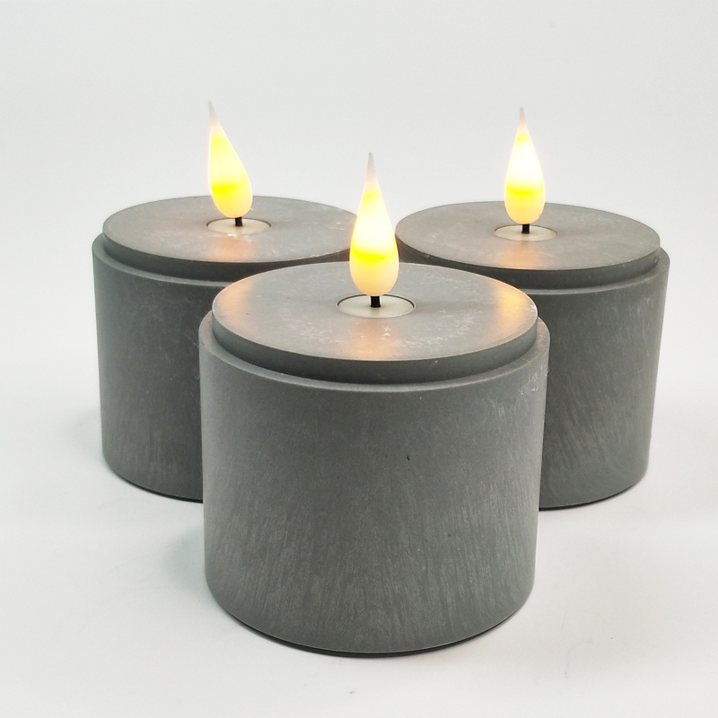 Flameless Pillar candle with Cement base, Detachable glass hurricane & remote control Color:Grey;Size:3 sets 1