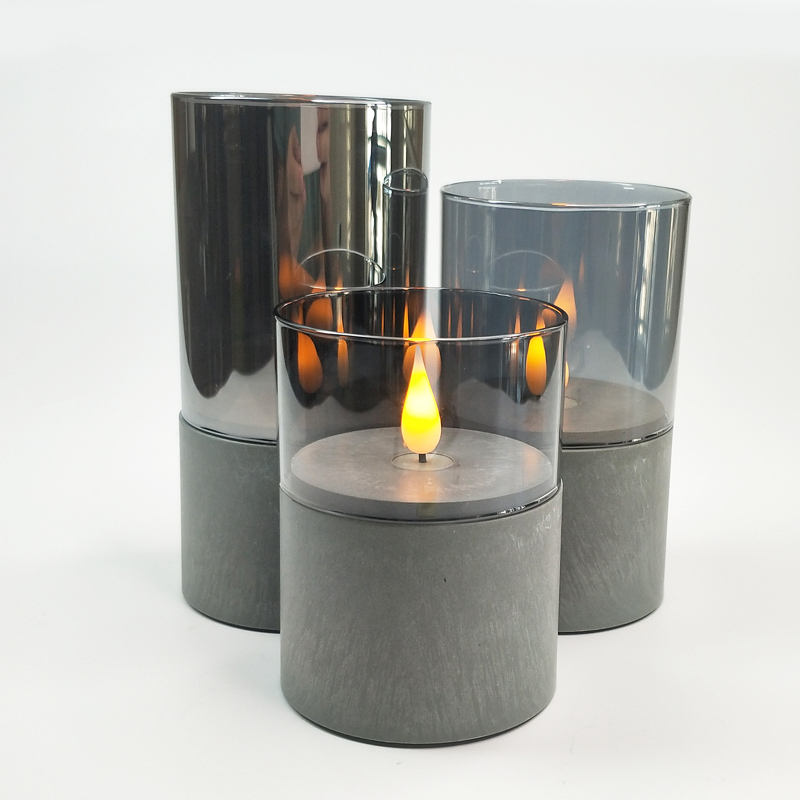 Gray led pillar candle glass sets remote control dancing flame