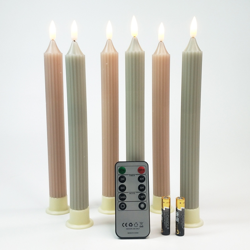 Fluted Ribbed Real wax Led flickering taper candle remote control Color:Tan 5