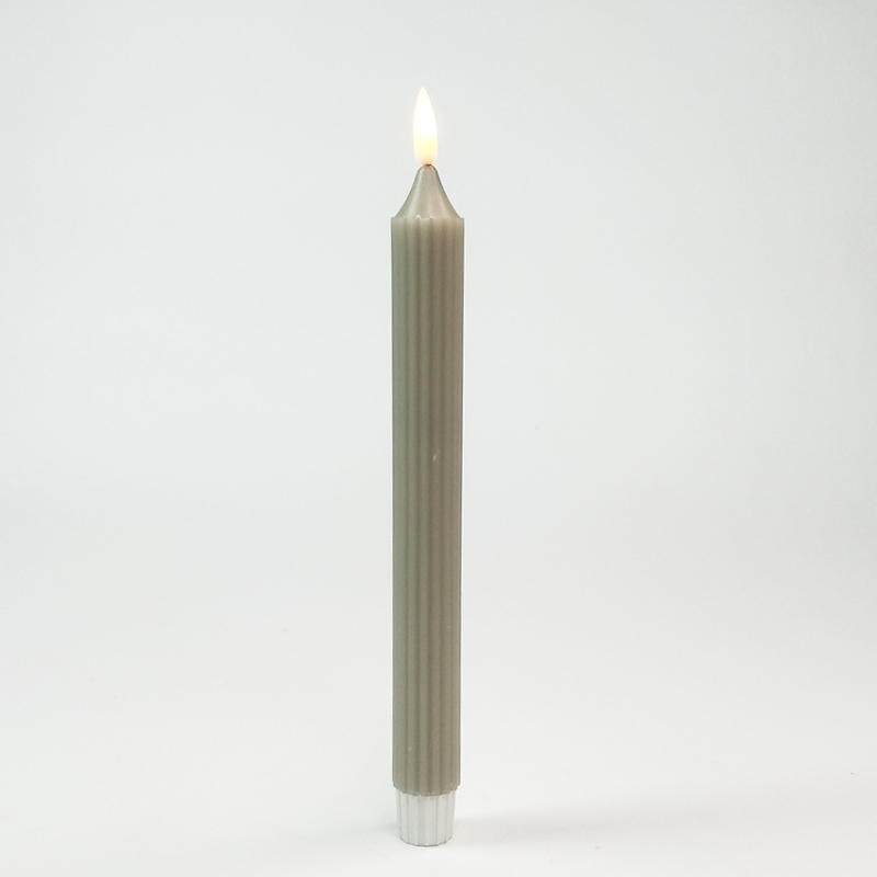 Fluted Ribbed Real wax Led flickering taper candle remote control Grayish green