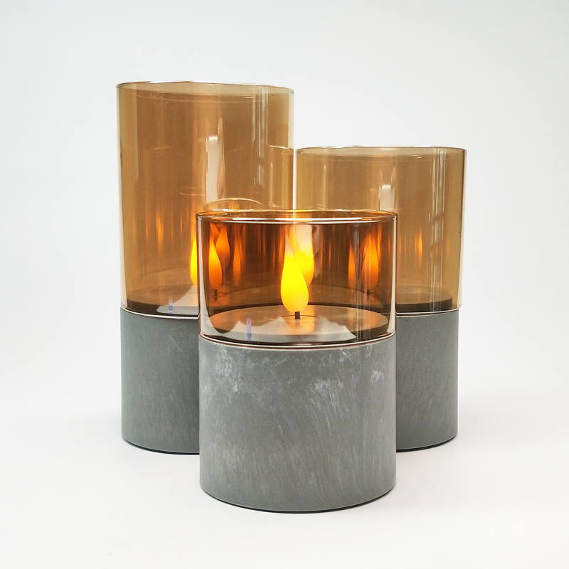 Gray led pillar candle glass sets remote control dancing flame Gold