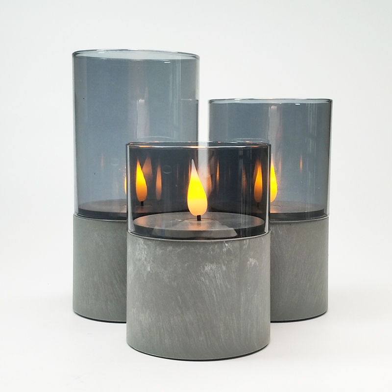 Gray led pillar candle glass sets remote control dancing flame Grey