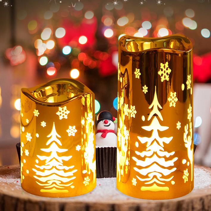 Golden LED Pillar Candle with christmas tree & snowflake Size:7.5*10 2