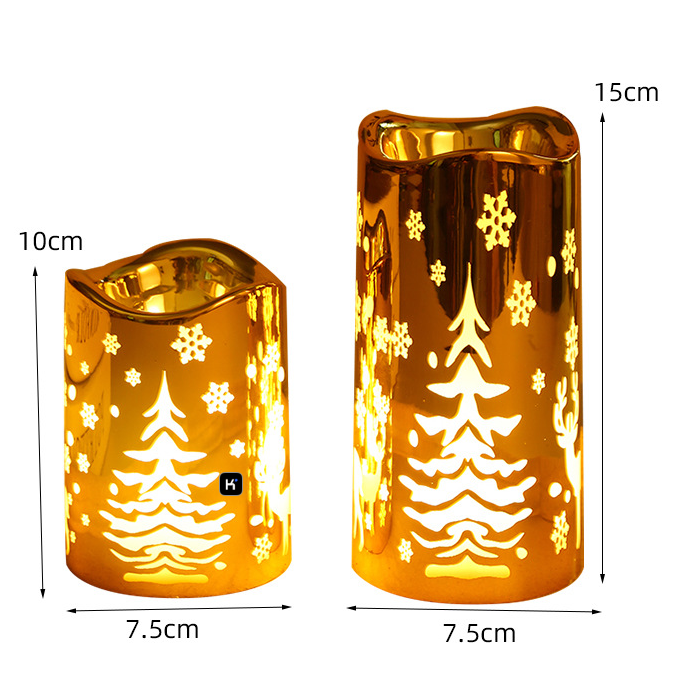 Golden LED Pillar Candle with christmas tree & snowflake Size:7.5*10 1