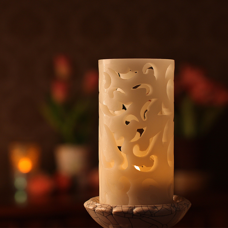 Real Wax Hollow-Carved Ivory Flameless Pillar Candle Color:White 2