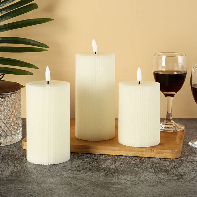 Ivory Ribbed Real Wax Flameless Pillar Candle Set of 3 Size:7.5*10cm 2