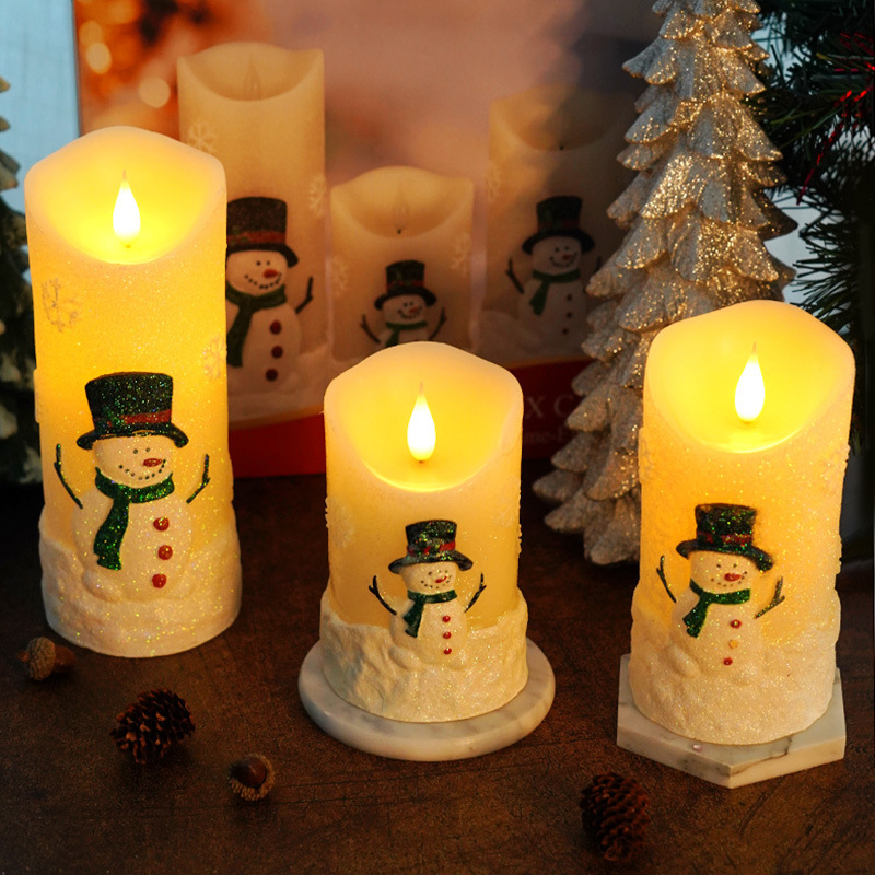 glitter Festive Snowman LED Flameless Candle Set of 3 Color:Default 1