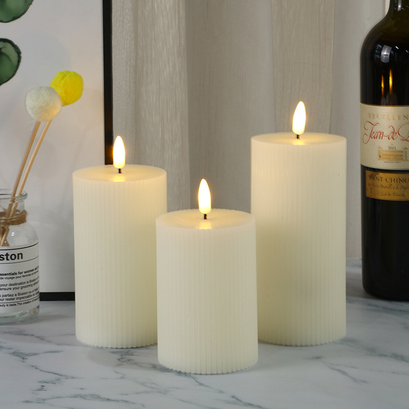 Ivory Ribbed Real Wax Flameless Pillar Candle Set of 3 Size:7.5*10cm 1
