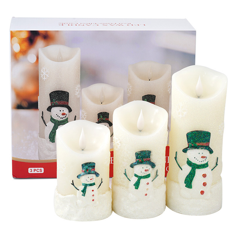 glitter Festive Snowman LED Flameless Candle Set of 3 Color:Default 2