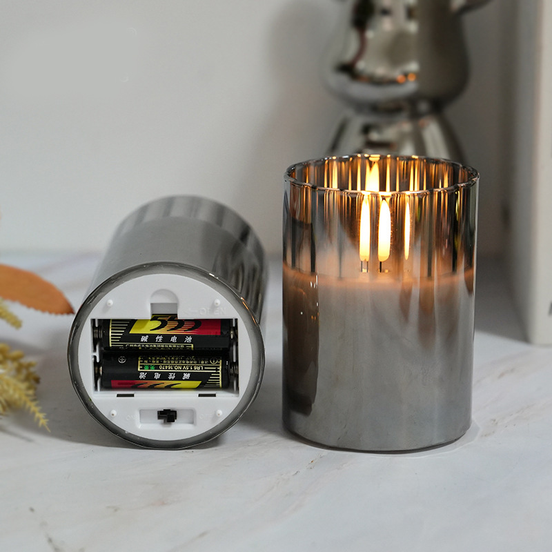 Set of 3 Ribbed Glass Flameless Candles with Remote Control Color:Grey 1