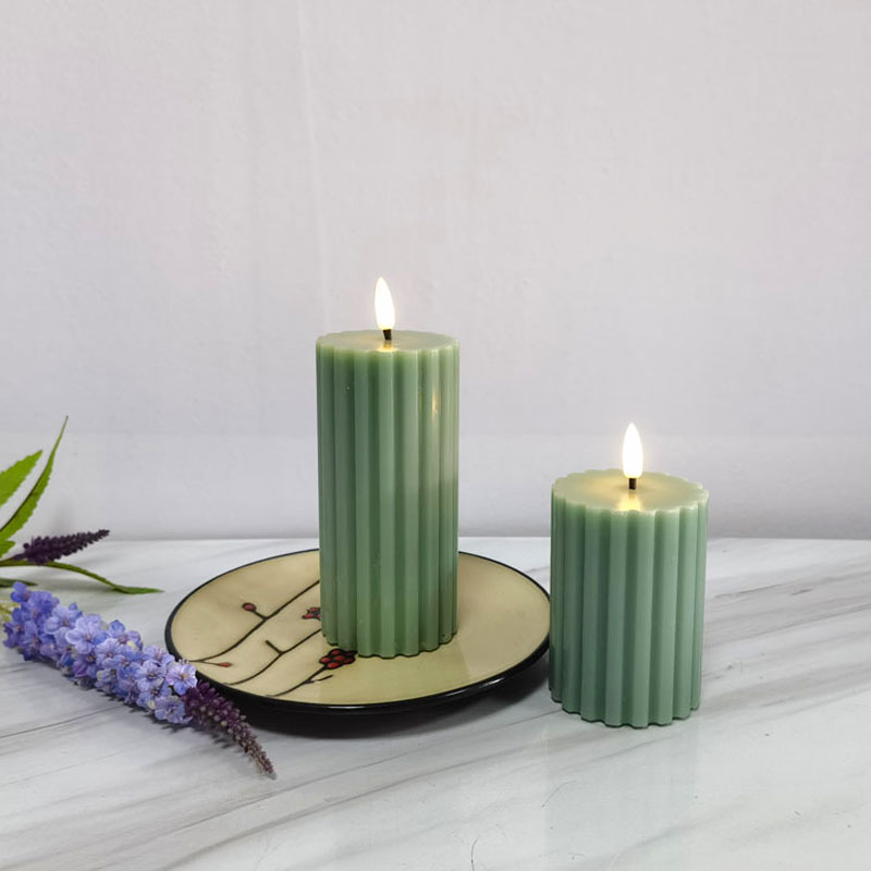 Sage green fluted led pillar candle,remote control Size:Set of 3