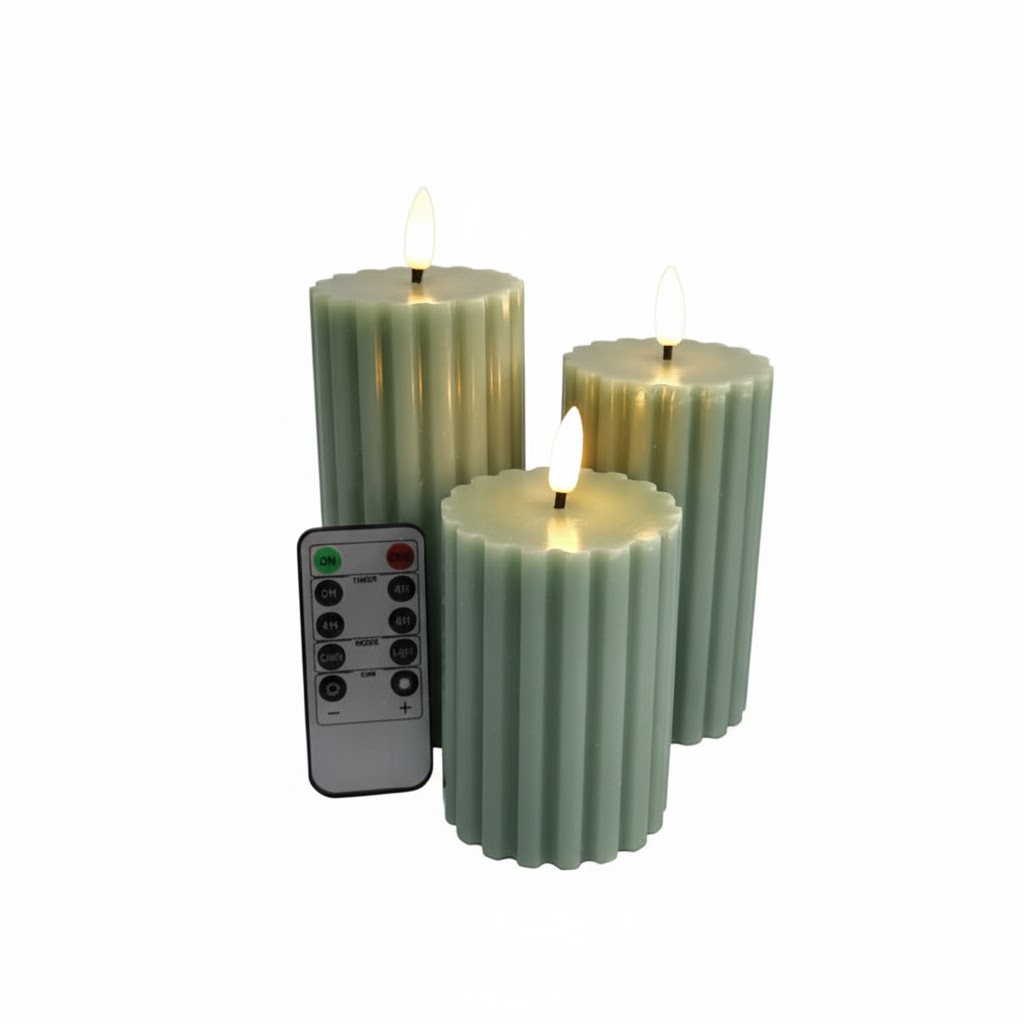 Sage green fluted led pillar candle,remote control, ribbed LED candle,sage green flameless candle