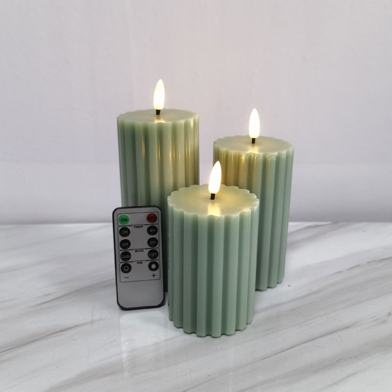 Sage green fluted led pillar candle,remote control 7*7*10cm  , ribbed LED candle,sage green flameless candle