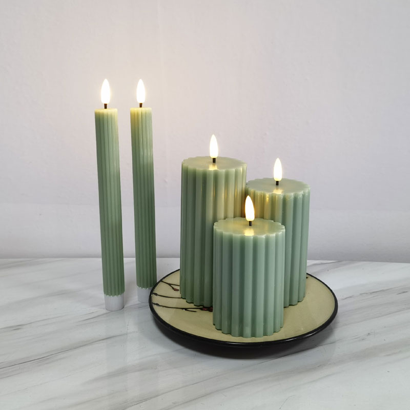 Sage green fluted led pillar candle,remote control Size:7*7*12.5cm 4