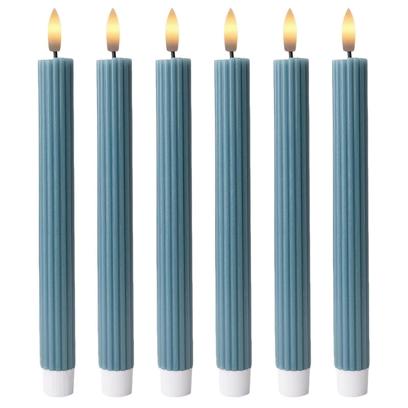 Dusty Blue Realistic Ribbed Flameless Taper Candles with Remote,Set of 6, Paraffin Wax LED Candles with Flickering Flame & Timer, Battery Operated (Dusty Blue)