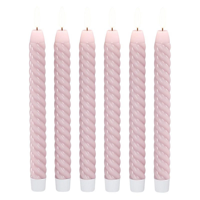 Set of 6 Pink Spiral Flameless Taper Candles with Remote Control, Realistic Flickering LED Wax Candles, Battery Operated with Timer, 9.64 Inches