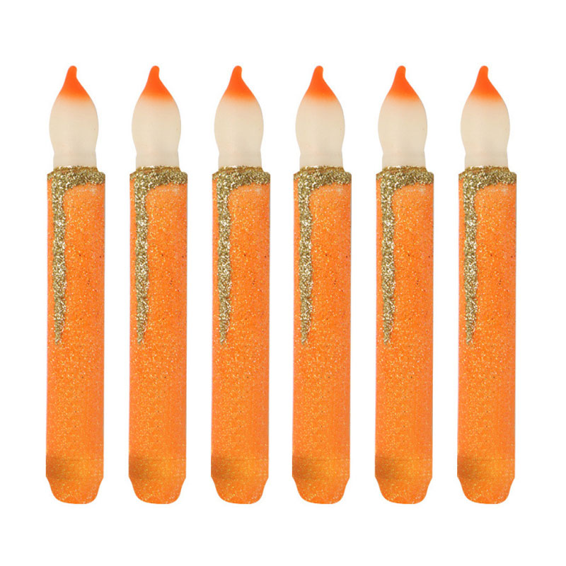 Glitter LED Taper Candles with Realistic "Dripping Wax"  Set of 6 Orange