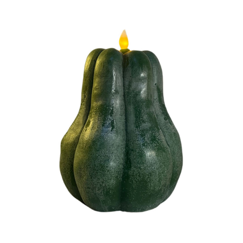 Set of 2 Decorative LED Pumpkin Flameless Candles Green  , 7.5" Tall Handcrafted Paraffin Wax Pillars with 3D Flickering Flame, Harvest & Halloween Battery Operated Decor