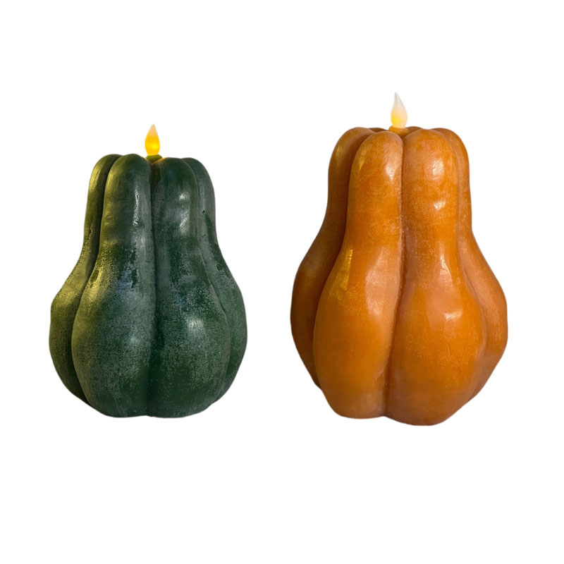 Set of 2 Decorative LED Pumpkin Flameless Candles, 7.5" Tall Handcrafted Paraffin Wax Pillars with 3D Flickering Flame, Harvest & Halloween Battery Operated Decor