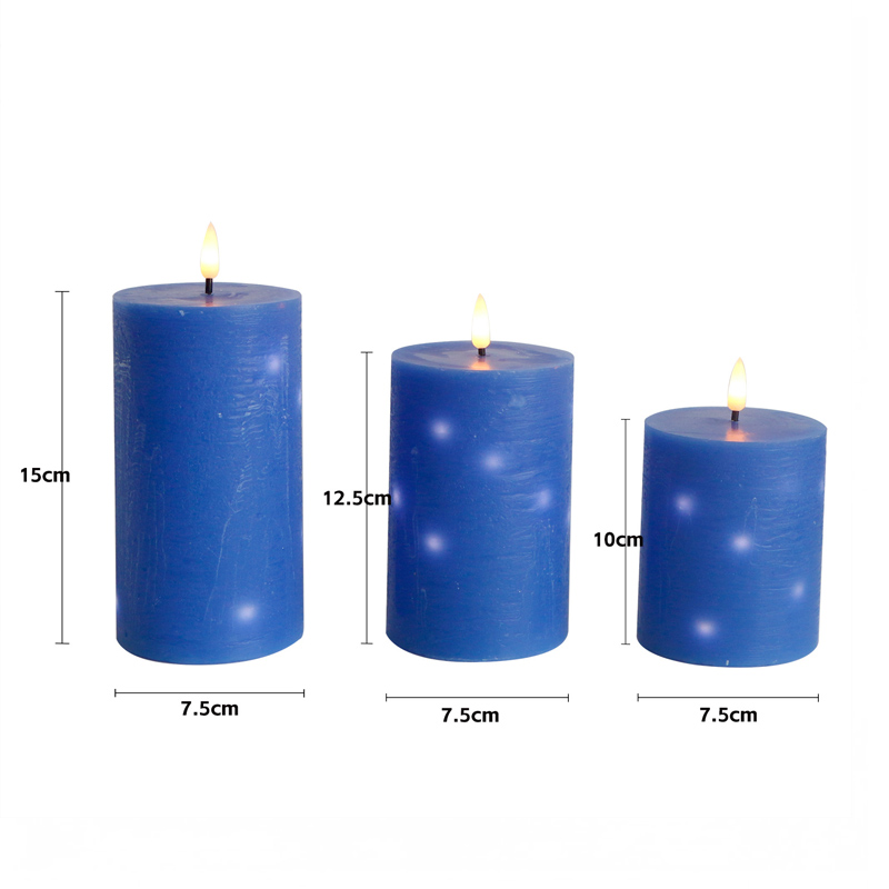 Royal Blue Real Wax Flameless Candles with Embedded Starry Lights - Set of 3 Flat Top LED Pillars Size:7.5*10cm 1