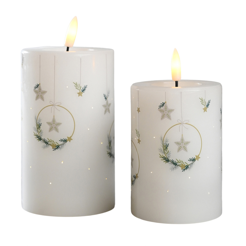Real Wax Flameless Pillar Candles with Embedded Starry String Lights - Set of 3, Enchanting Winter Star Design: Experience the Warmth of Real Wax Combined with Magical Twinkling LED String Lights.