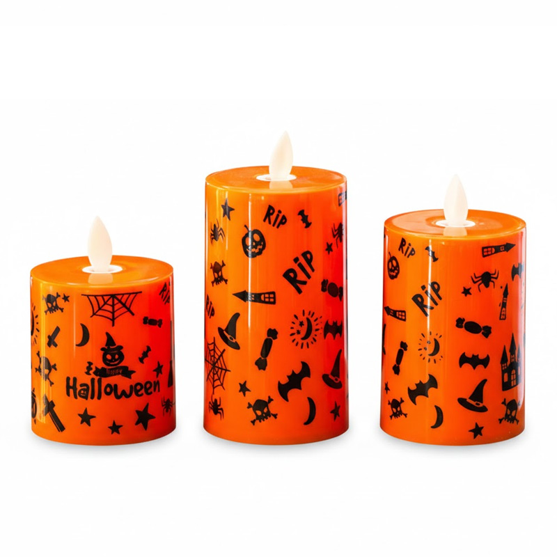 Halloween LED candles with spider net pumpkin witch print
