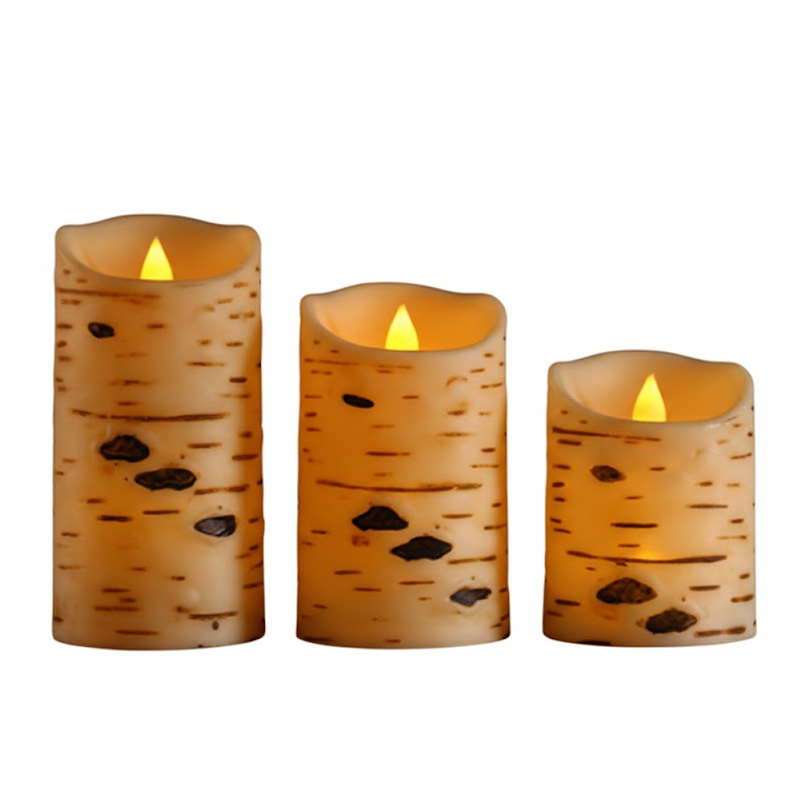 Realistic Birch Bark LED Flameless Candles with Remote Control - Set of 3 Battery Operated Flickering Pillar Candles Size:10cm 2