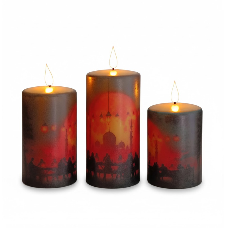 Ramadan Silhouette LED Pillar Candles - Flameless Paraffin Wax with Remote Control (Set of 3), Create a Serene and Warm Atmosphere with Flickering Real-Wax Electronic Candles for Home Decor & Festive Celebrations.