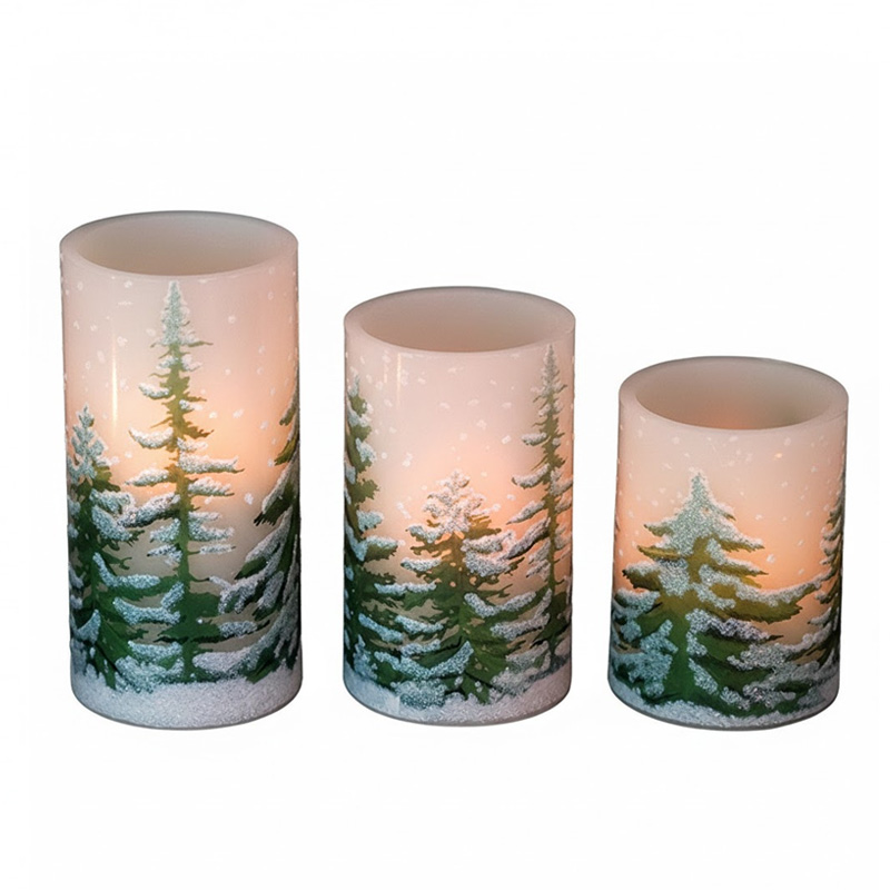 christmas sonwy forest flameless pillar candle