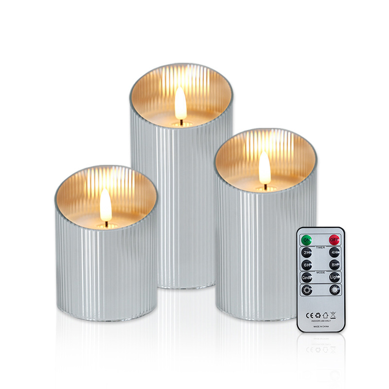 Slanted Rim Ribbed Electroplated Glass Flameless Candles Set of 3, Luxury Slanted Fluted Glass LED Candles: Elegant Battery-Powered Warm White Glow for Home Decor & Ambience.