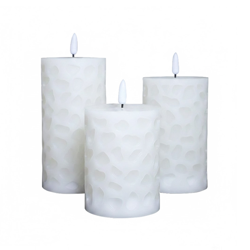 Remote Controlled Water Cube Embossed Flameless Candles - 18-Key Color Changing Real Paraffin Wax LED Pillar Candles (Set of 3), Illuminate Your Space with 12 Ambient Colors and Elegant Geometric Relief Textures.