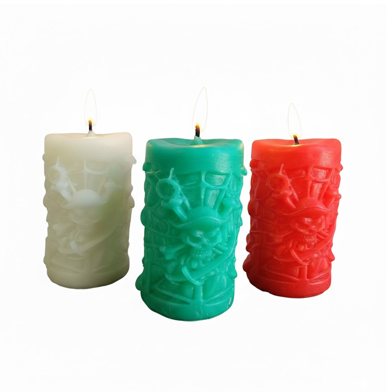 Carved Pirate Skull Flameless LED Wax Candle - 3D Embossed Nautical Decor, Authentic Wax Texture Meets Adventure: Flickering LED Candles for Halloween, Theme Parties, and Gothic Home Decor.