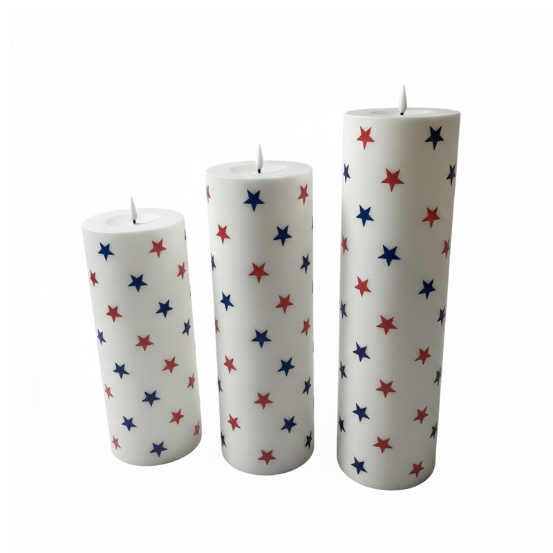 Patriotic Star Print Flameless Candles - Remote Controlled LED Pillar Candles with Realistic Flickering Flame (Set of 3), Celebrate with Glow: Safe, Remote-Operated Starry LED Candles for Independence Day and Festive Decor