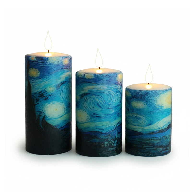 Van Gogh "The Starry Night" Flame-Effect LED Candles - Artistic UV Printed Paraffin Wax Pillars, Bring a Masterpiece to Light: Flameless Luxury Meets Classic Impressionism.