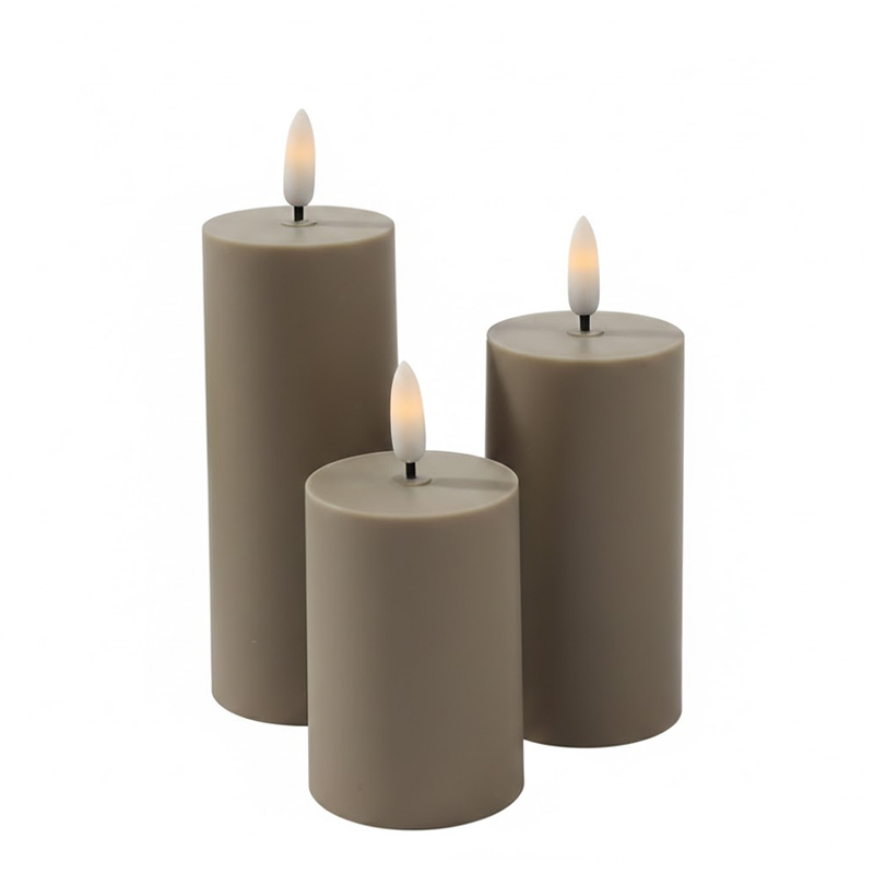 Flameless Grey-Taupe Pillar Candles - Battery Operated Flickering LED Candles with Realistic Flame (Set of 3), Safe, Elegant, and Long-Lasting: The Perfect Ambiance for Modern Home Decor and Special Events.