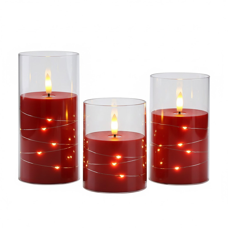 Remote Controlled LED Flameless Candles with Embedded String Lights - Set of 3 Smokeless Glass Pillar Candles Red