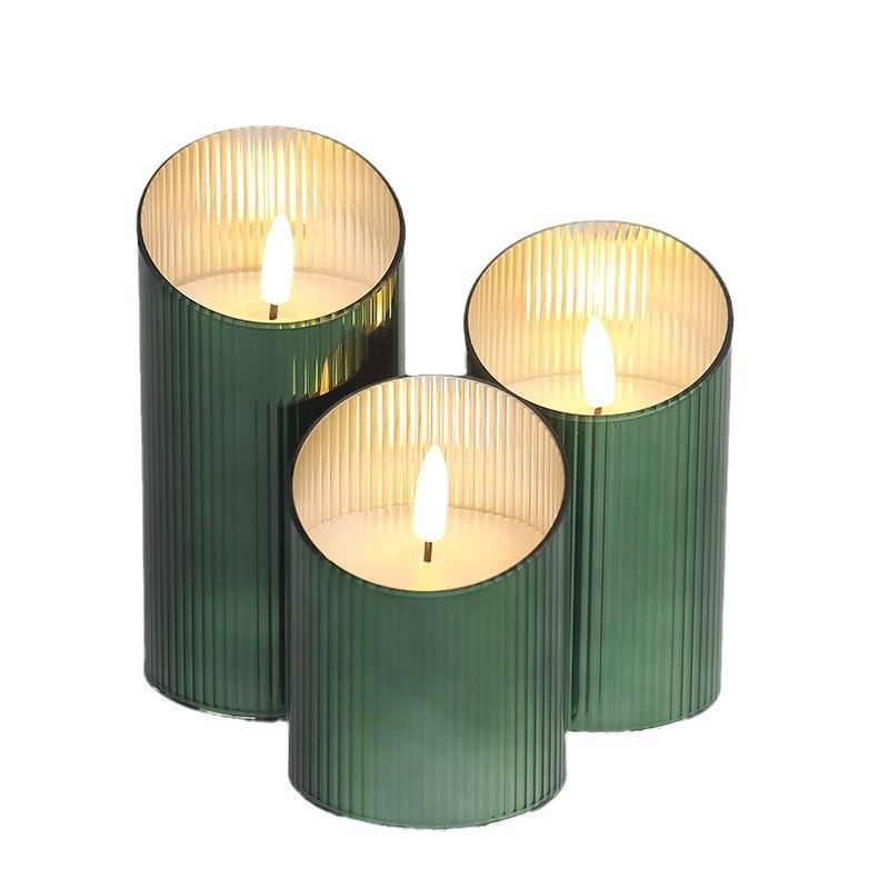 Luxury Flameless LED Pillar Candles with Ribbed Green Glass – Remote Controlled Realistic Flickering Wick - Set of 3, Elevate your home ambiance with safe, elegant, and mess-free flickering candlelight.