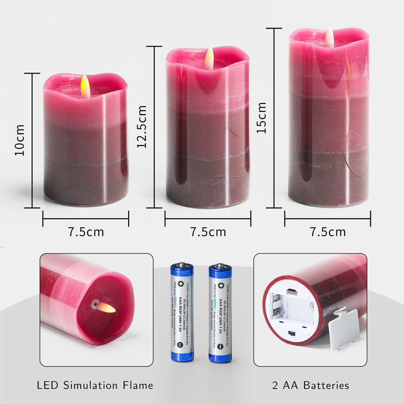Burgundy Ombre Realistic Paraffin Wax Flameless LED Candles - Set of 3 Size:7.5*10cm 1