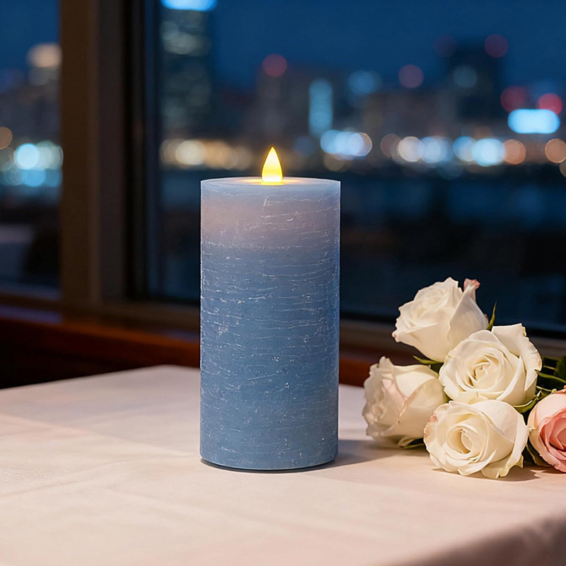 Premium Blue Flameless Pillar Candle with 3D Moving Flame - Realistic Water Ripple Texture Color:Blue 1