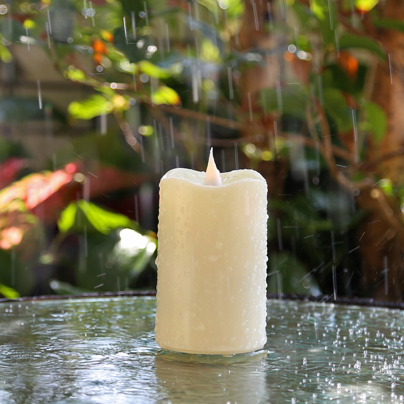Outdoor Waterproof LED Flameless Candle with 3D Moving Flame - Ivory Realistic Pillar Size:7.62x10.16cm 3