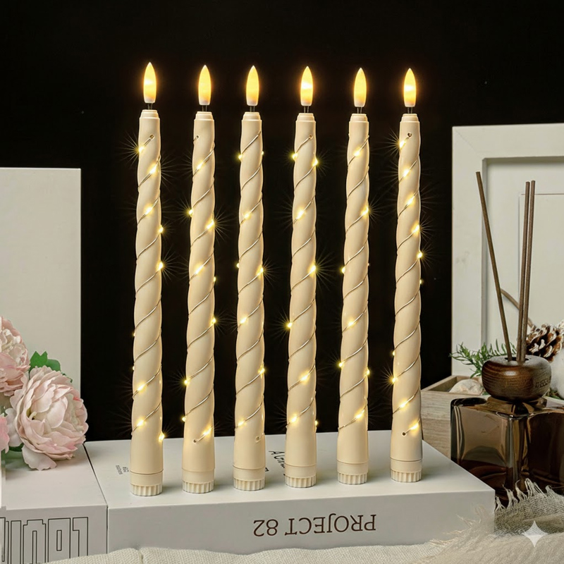 10.6"Realistic Spiral LED Taper Candles with Fairy String Lights Color:Ivory;Size:2.1*27cm 1