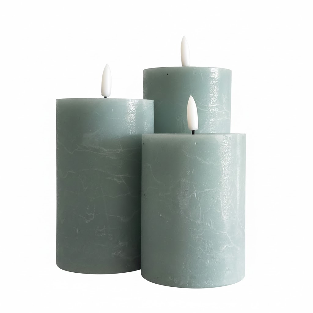 Sage Green Marbled Real Wax Flameless Candle - Set of 3